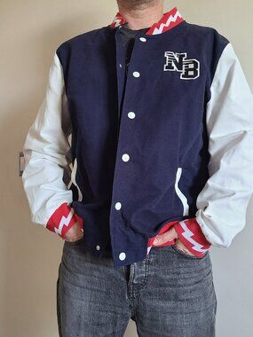 New Balance Varsity Jacket XL Navy White Snap Front Letterman Cotton